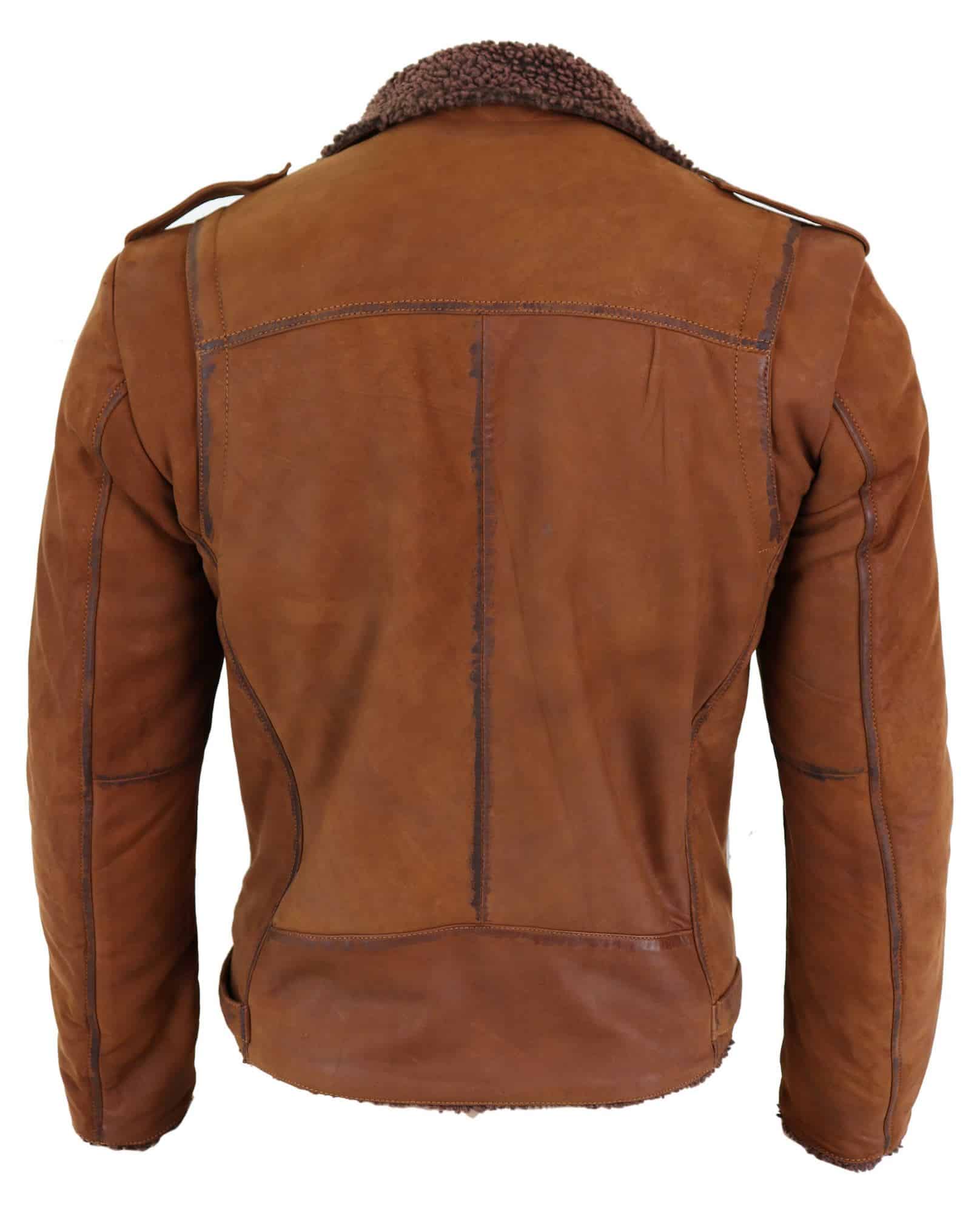 Chaqueta de motorista de cuero auténtico para hombre con cremallera cruzada y forro polar - Color tostado
