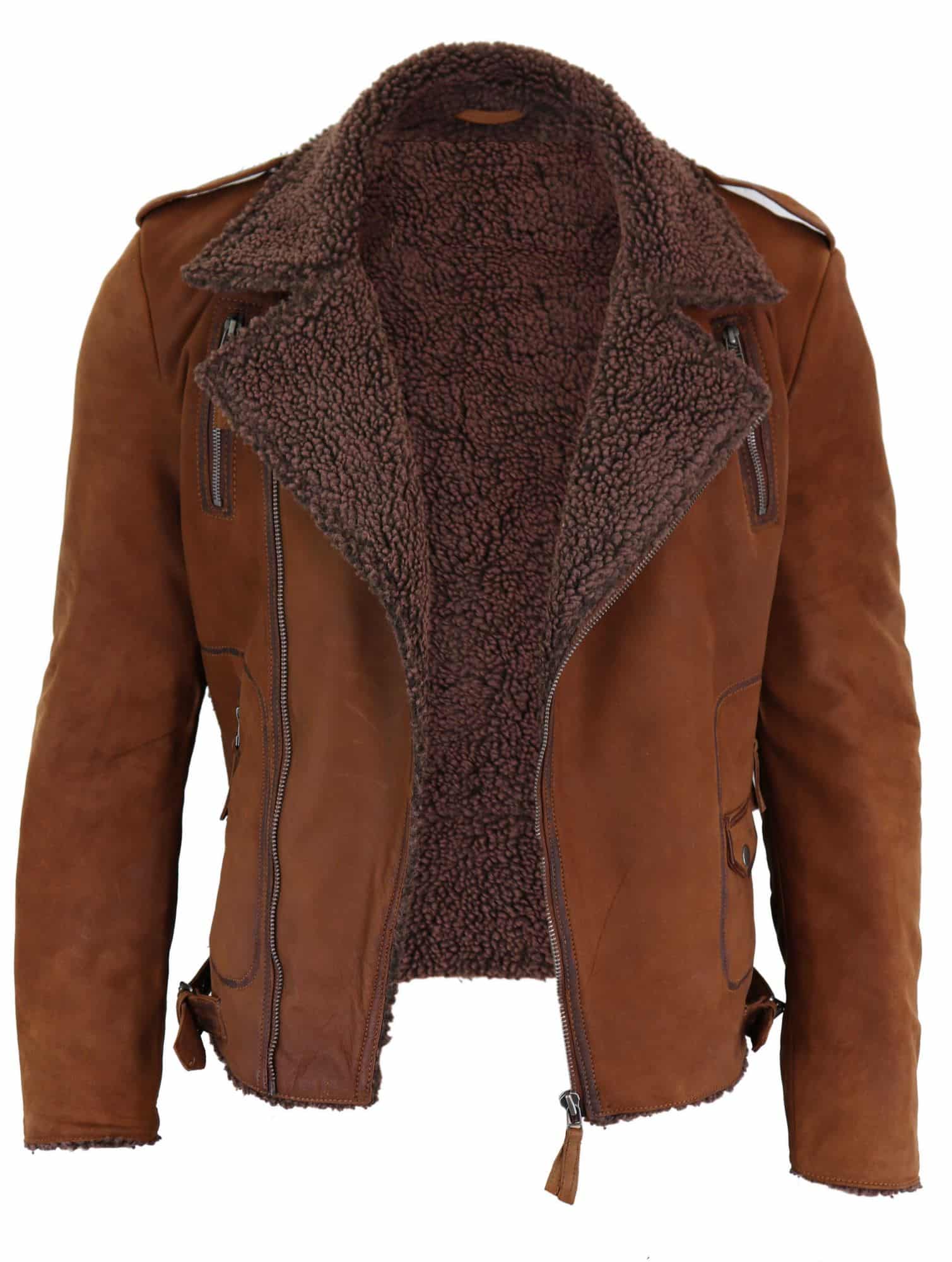 Chaqueta de motorista de cuero auténtico para hombre con cremallera cruzada y forro polar - Color tostado