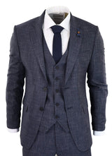 Traje de tres piezas azul marino con estampado de cuadros - RK20-02