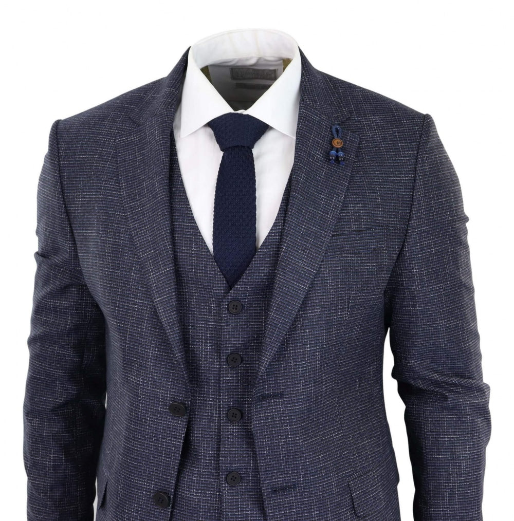 Traje de tres piezas azul marino con estampado de cuadros - RK20-02