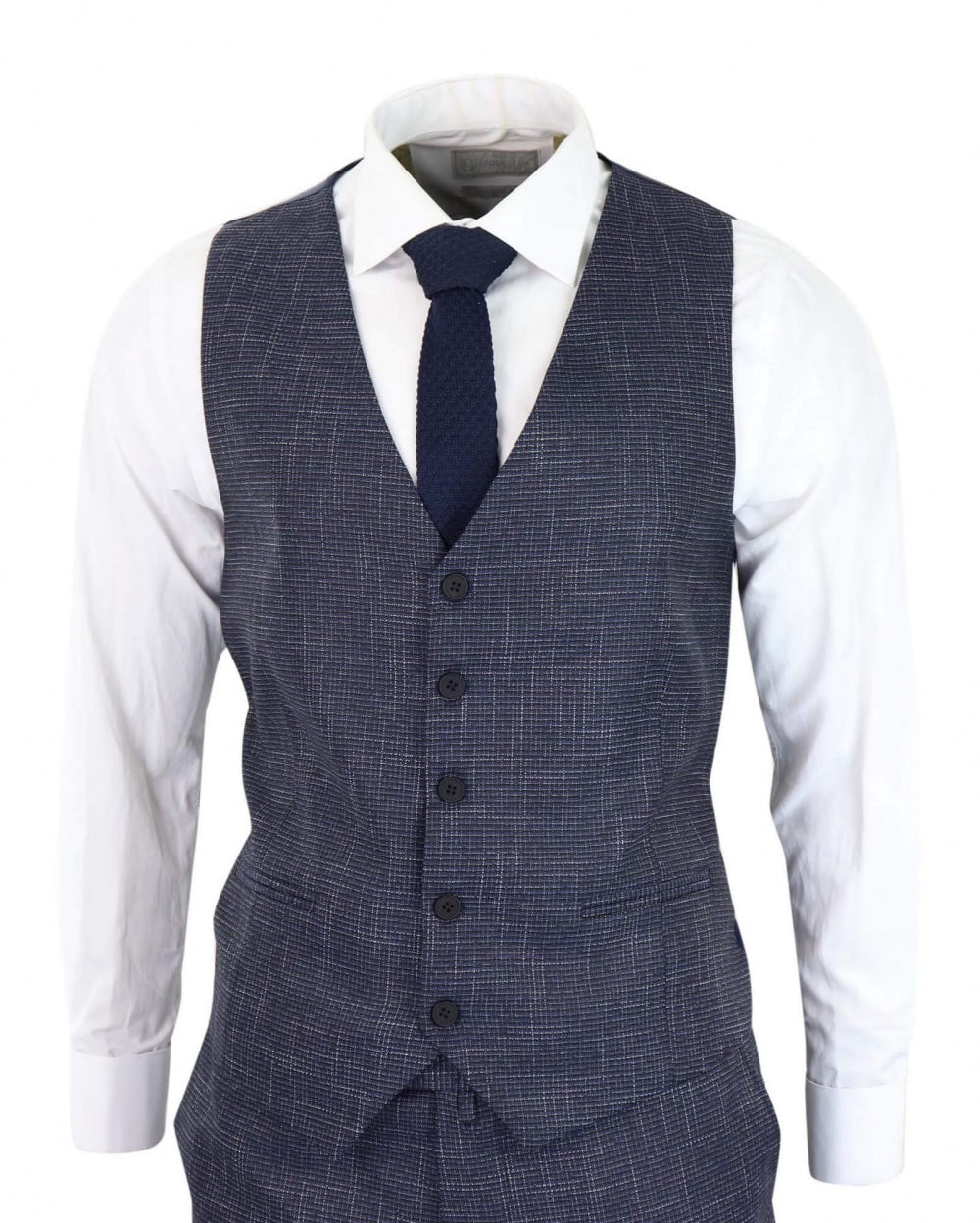 Traje de tres piezas azul marino con estampado de cuadros - RK20-02
