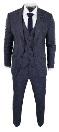 Traje de tres piezas azul marino con estampado de cuadros - RK20-02