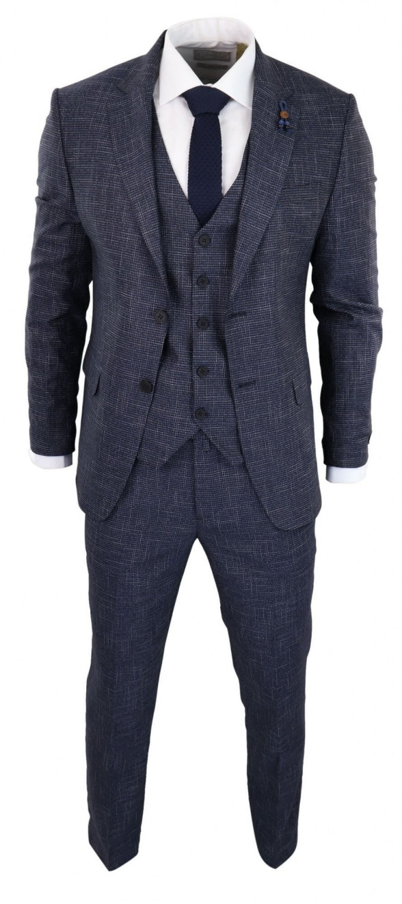 Traje de tres piezas azul marino con estampado de cuadros - RK20-02