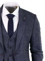 Traje de tres piezas azul marino con estampado de cuadros - RK20-02