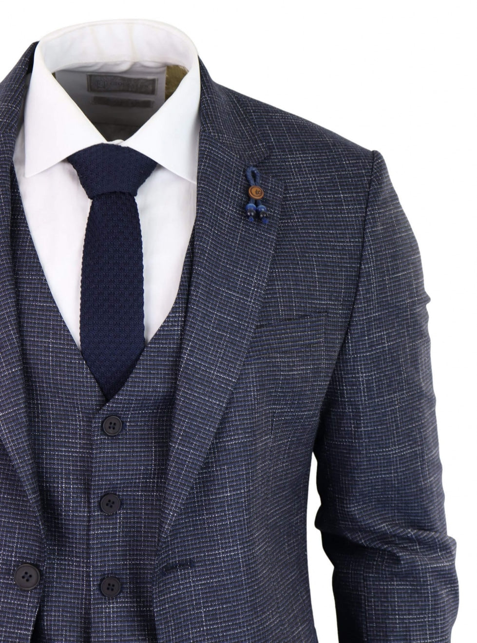 Traje de tres piezas azul marino con estampado de cuadros - RK20-02