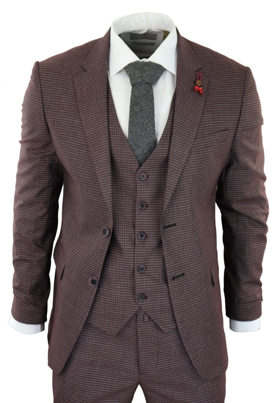 Traje de tres piezas a cuadros pastor en color burdeos y gris - RK20-10