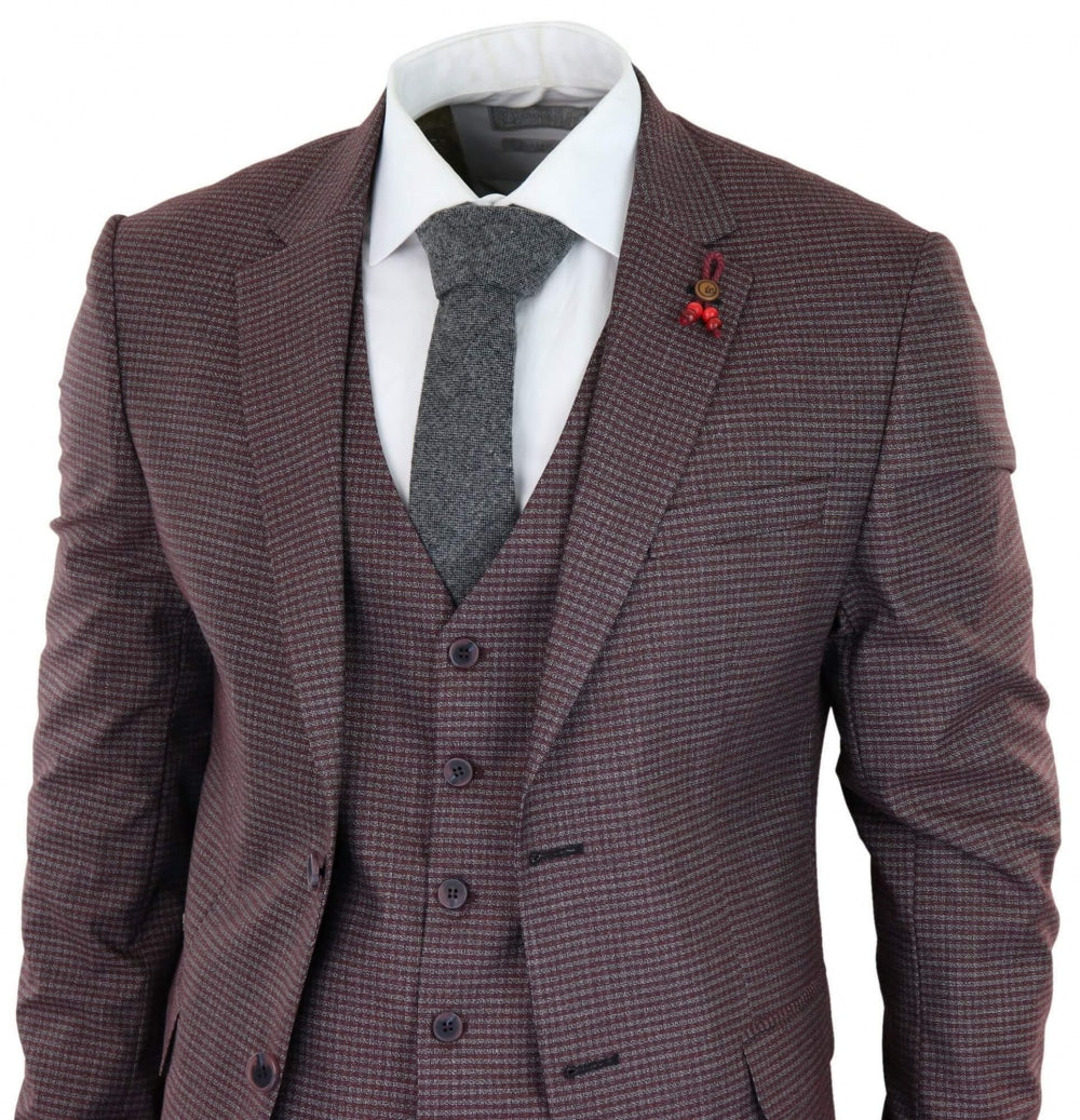 Traje de tres piezas a cuadros pastor en color burdeos y gris - RK20-10
