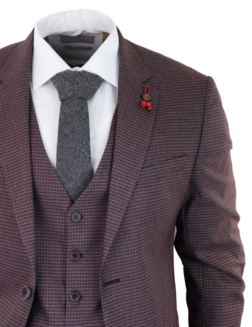 Traje de tres piezas a cuadros pastor en color burdeos y gris - RK20-10