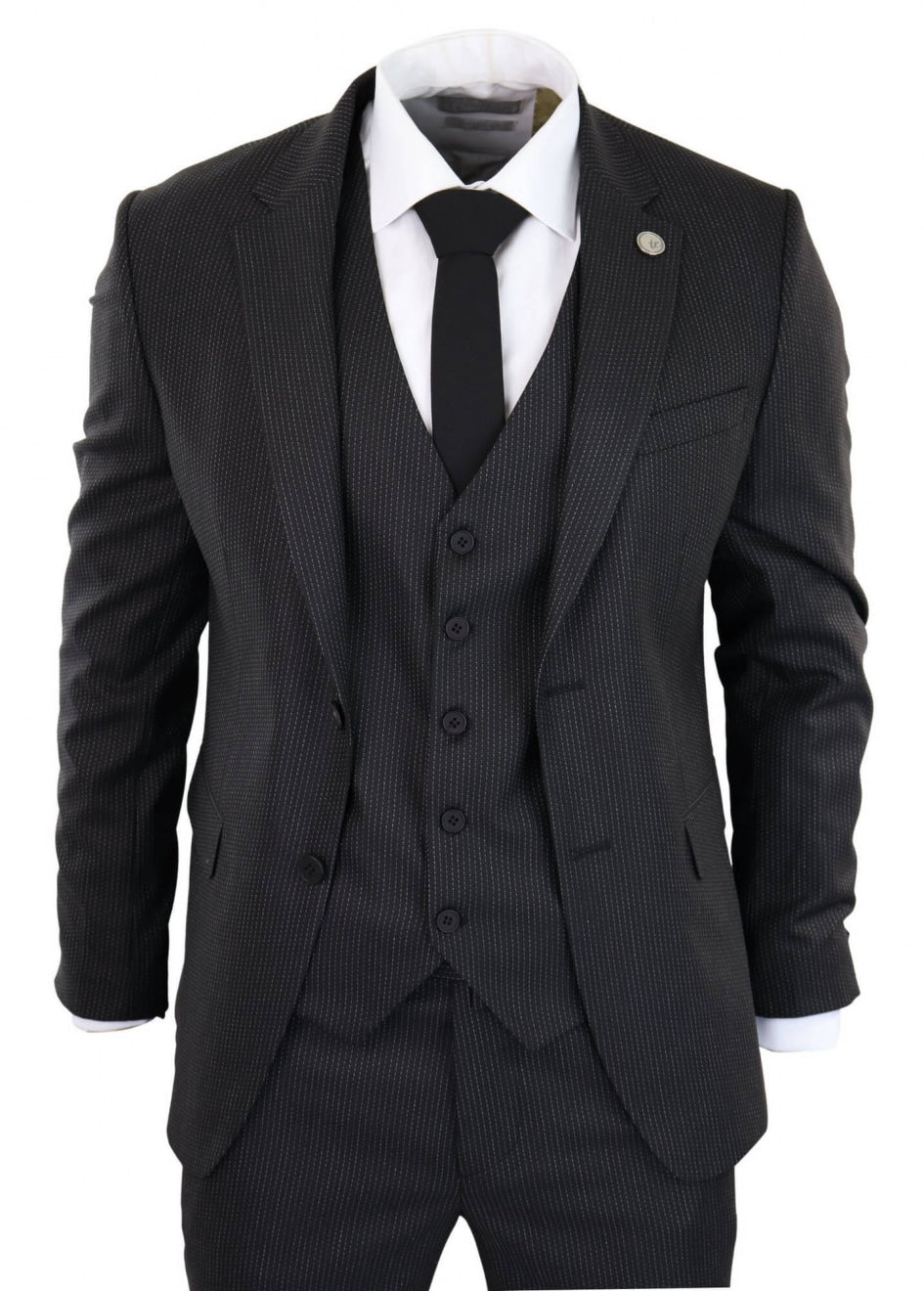 Traje de tres piezas negro a rayas finas - RK20-30