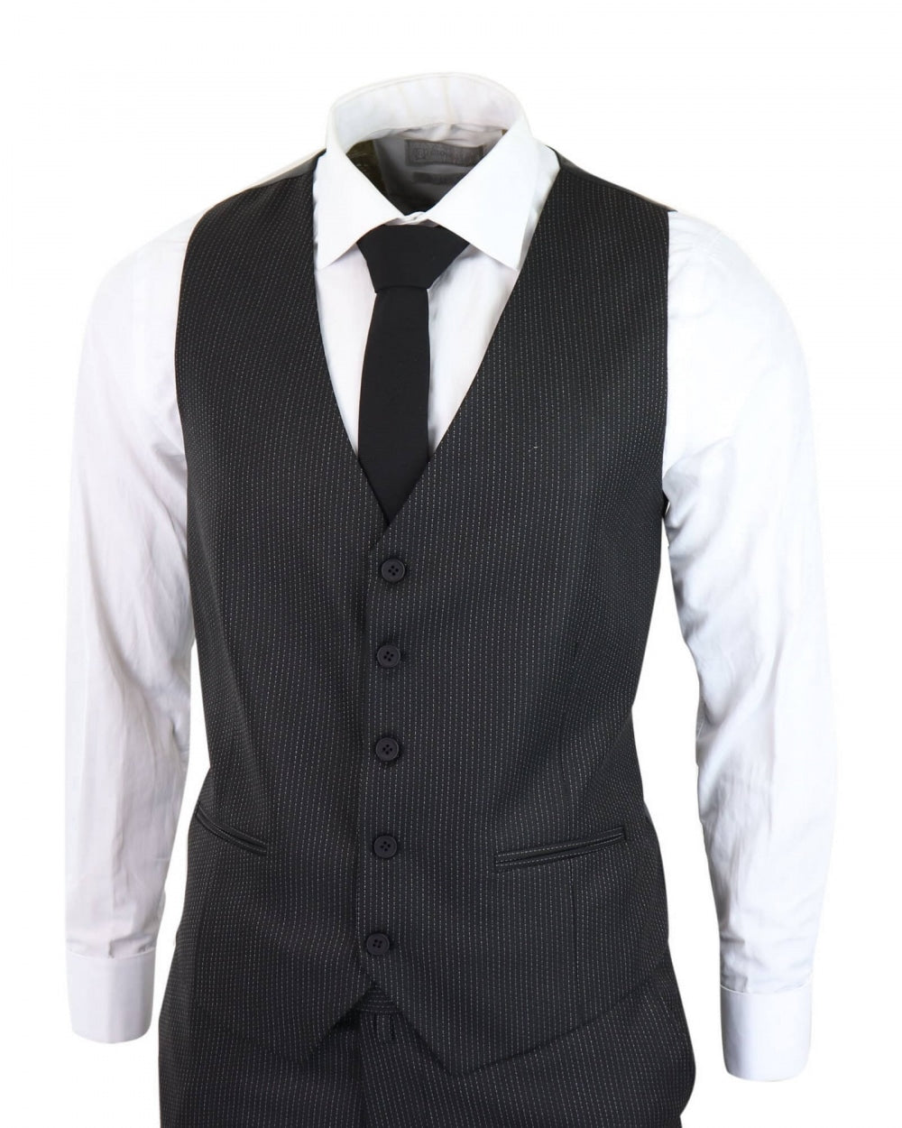 Traje de tres piezas negro a rayas finas - RK20-30