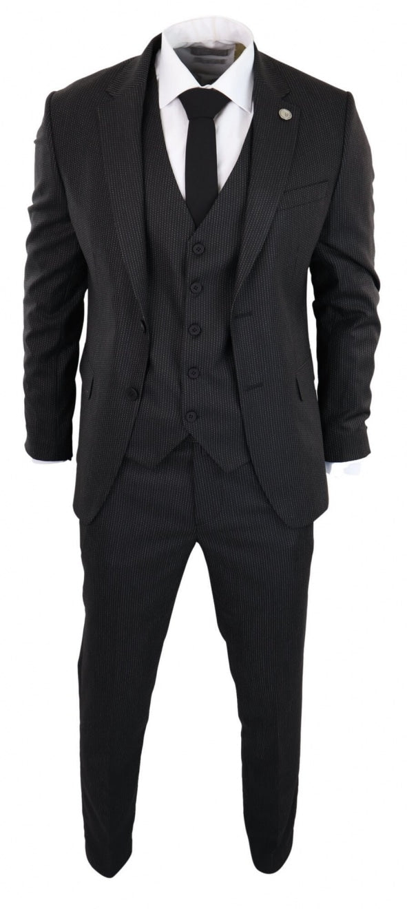 Traje de tres piezas negro a rayas finas - RK20-30