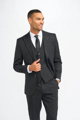 Roberto - Traje de tres piezas para hombre, negro, de mezcla de lana con rayas discretas.