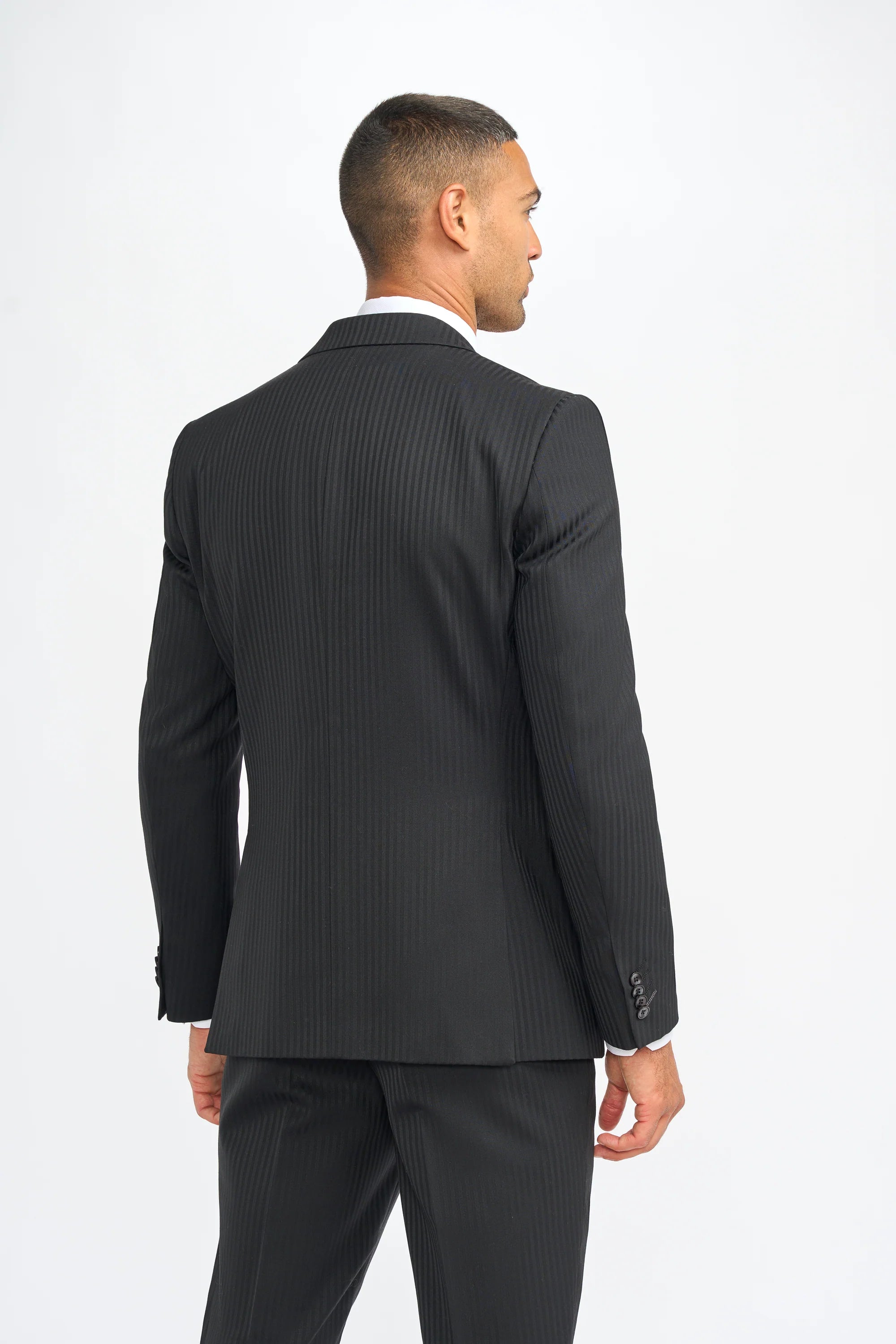 Roberto - Traje de tres piezas para hombre, negro, de mezcla de lana con rayas discretas.