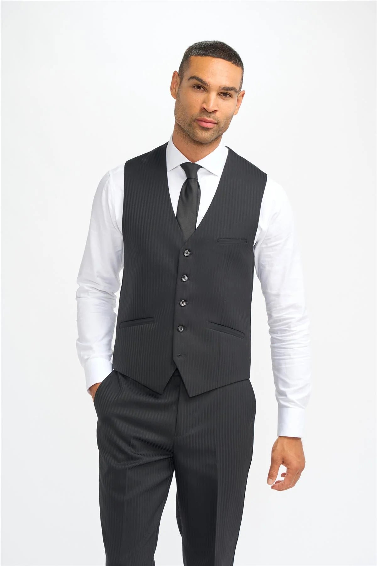 Roberto - Traje de tres piezas para hombre, negro, de mezcla de lana con rayas discretas.