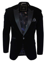 Cavani Rosa - Chaqueta de esmoquin/blazer de terciopelo suave para hombre, color negro y azul marino, con un botón, corte elegante e informal.