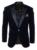 Cavani Rosa - Chaqueta de esmoquin/blazer de terciopelo suave para hombre, color negro y azul marino, con un botón, corte elegante e informal.