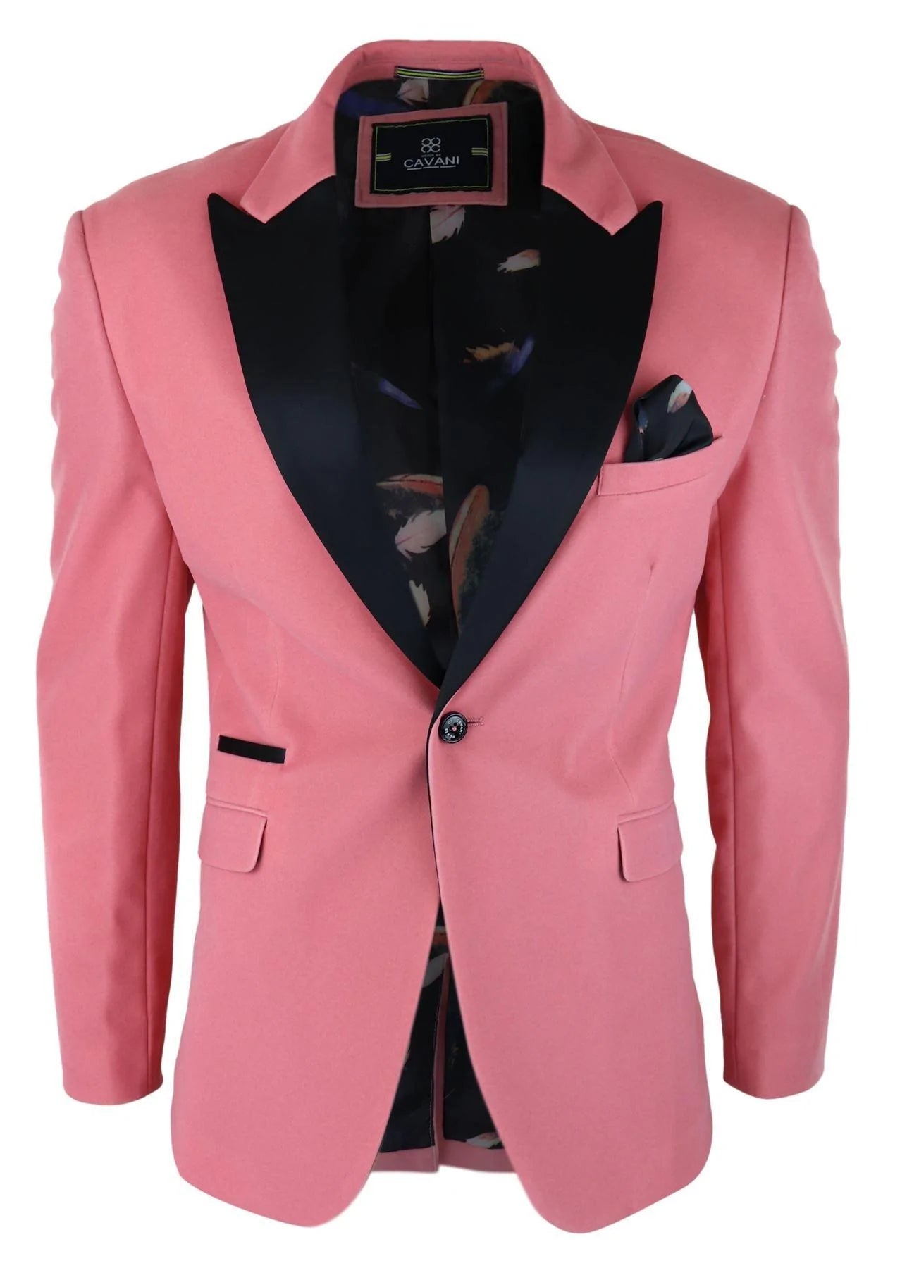 Chaqueta tipo esmoquin de terciopelo para hombre, color negro, con solapa de satén y rosa pastel.