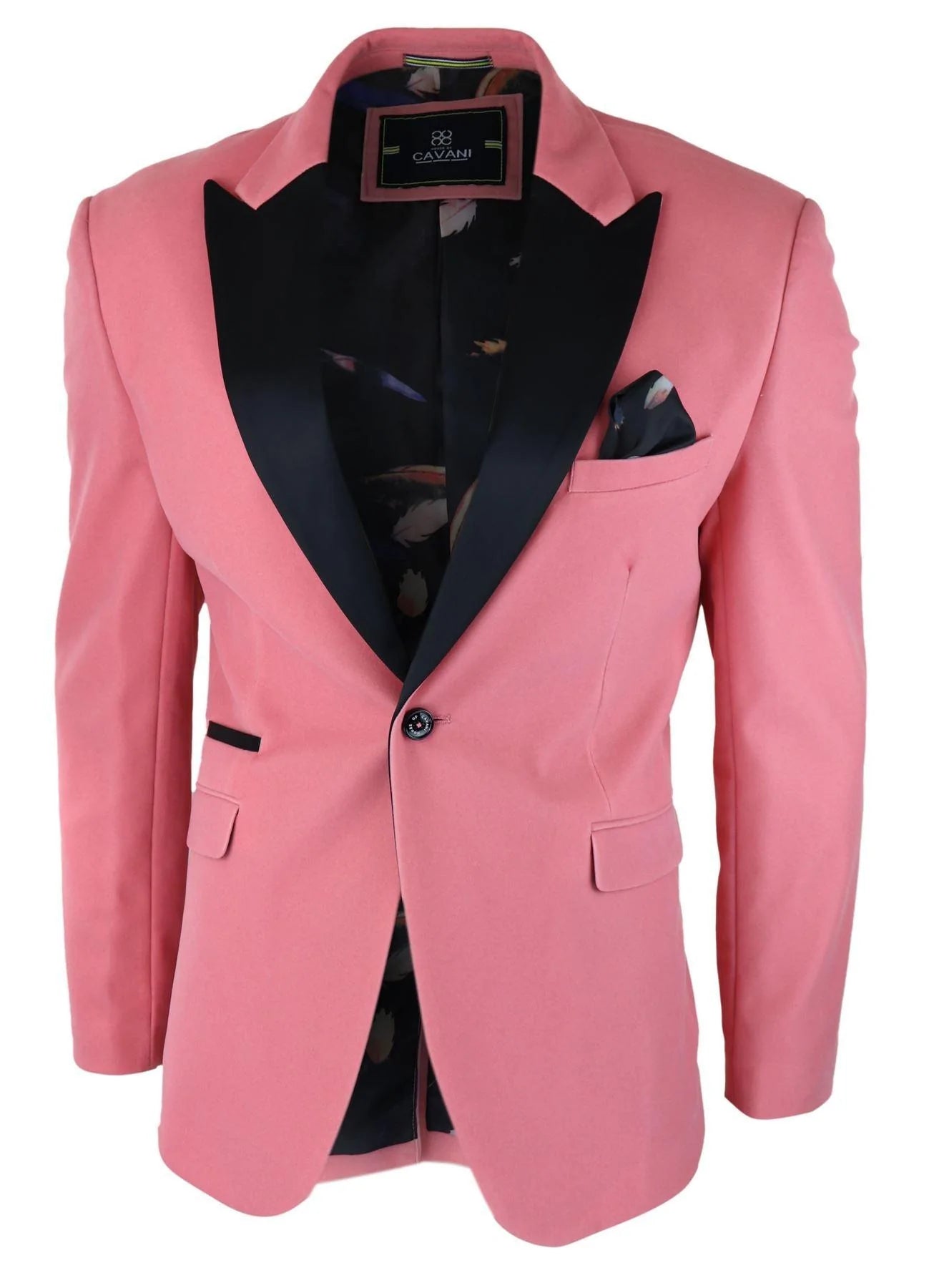 Chaqueta tipo esmoquin de terciopelo para hombre, color negro, con solapa de satén y rosa pastel.