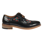 Ross - Zapatos brogue de cuero negro con estampado floral y calavera para hombre