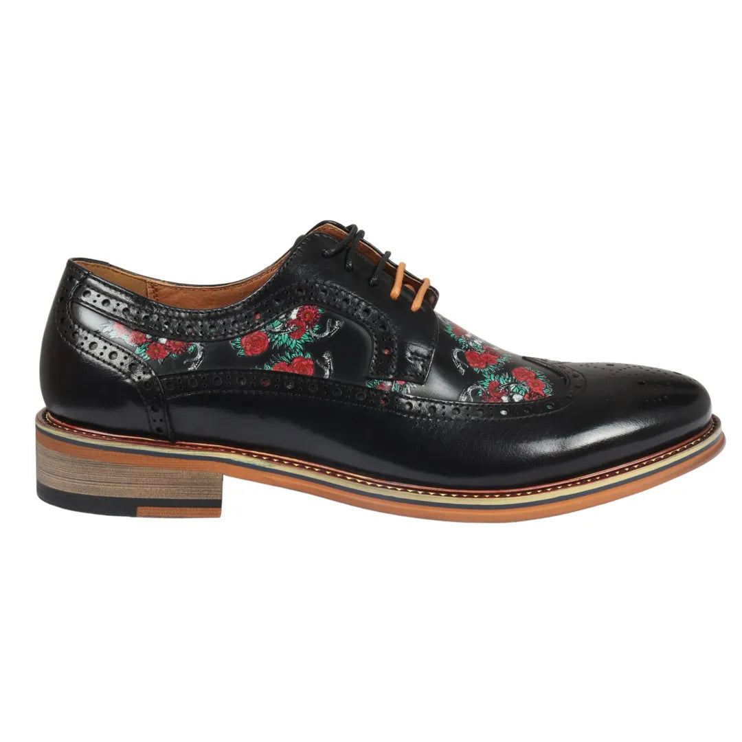 Ross - Zapatos brogue de cuero negro con estampado floral y calavera para hombre
