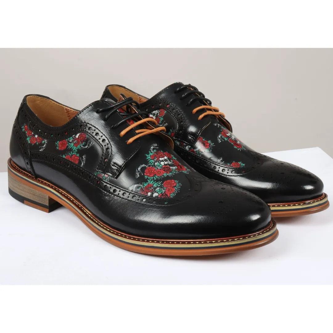 Ross - Zapatos brogue de cuero negro con estampado floral y calavera para hombre