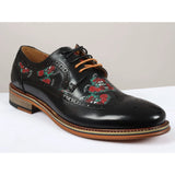 Ross - Zapatos brogue de cuero negro con estampado floral y calavera para hombre