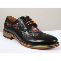 Ross - Zapatos brogue de cuero negro con estampado floral y calavera para hombre