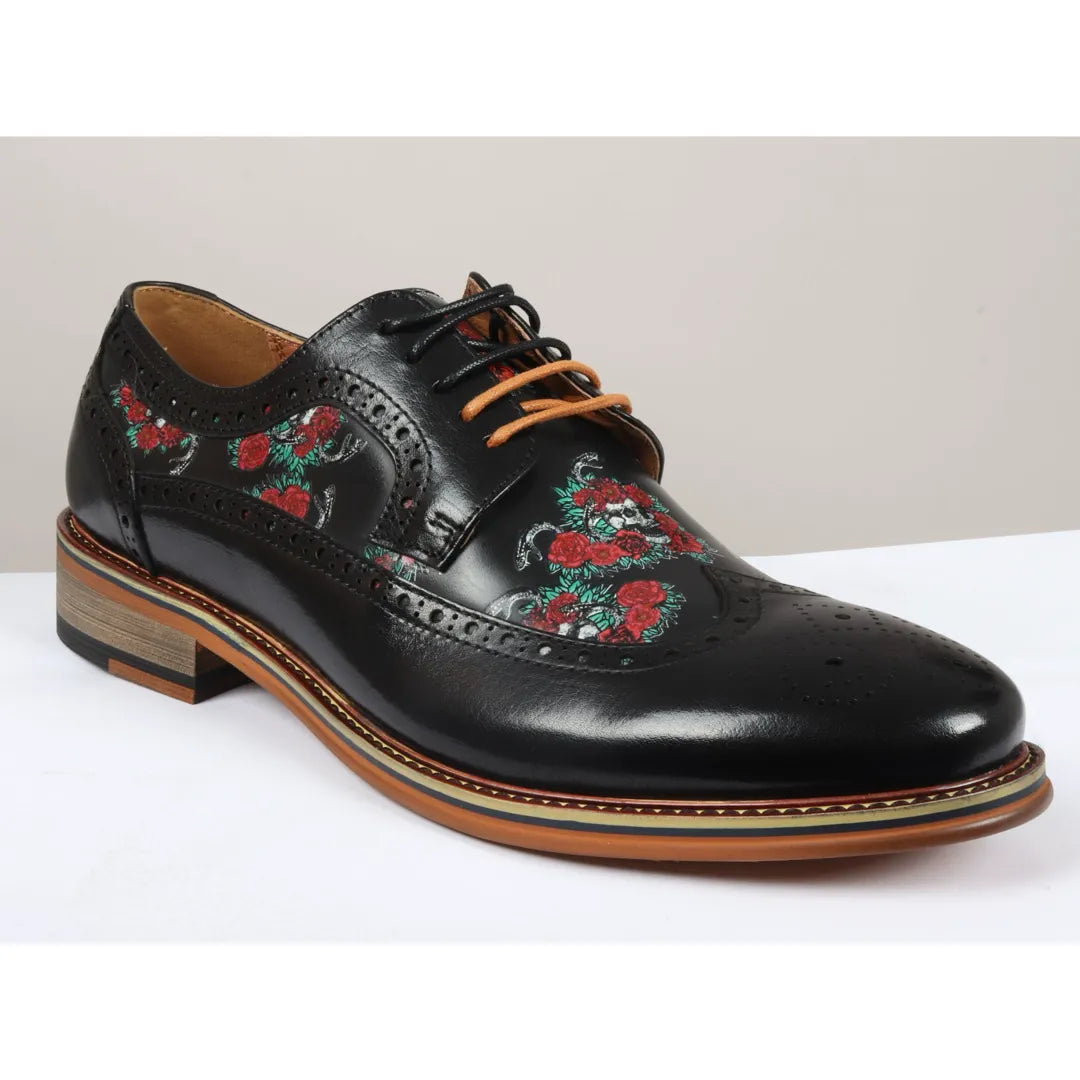 Ross - Zapatos brogue de cuero negro con estampado floral y calavera para hombre