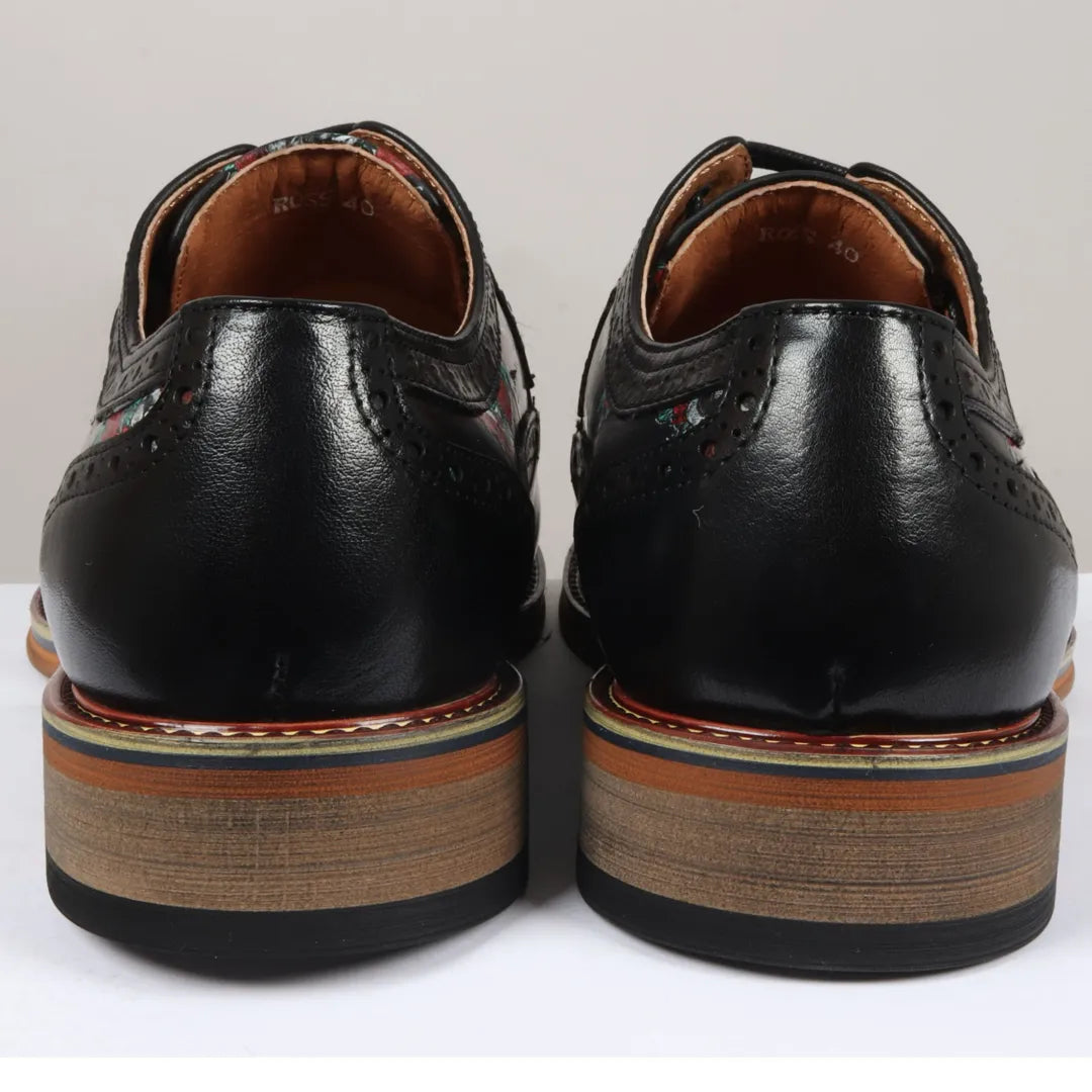Ross - Zapatos brogue de cuero negro con estampado floral y calavera para hombre