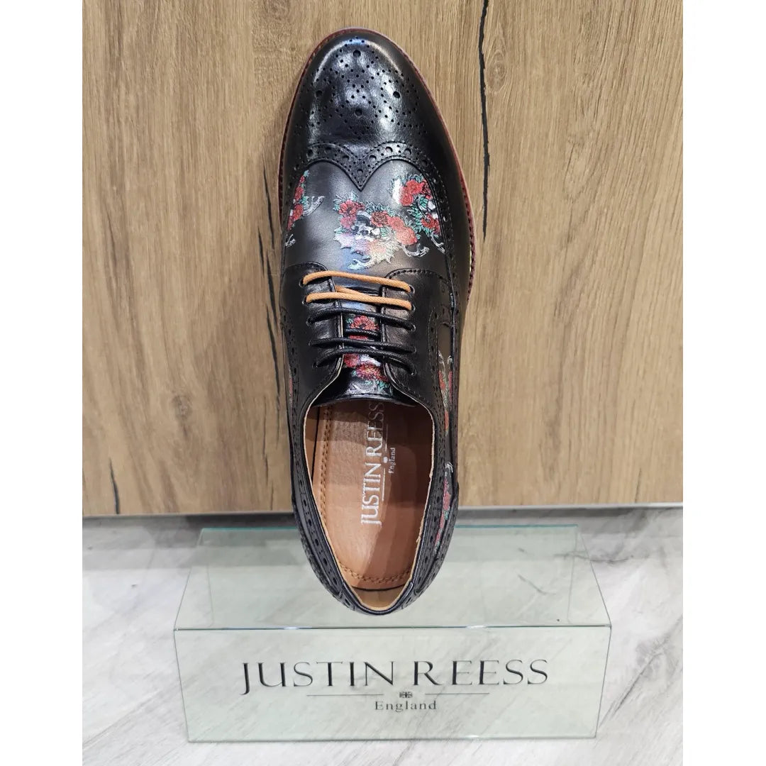 Ross - Zapatos brogue de cuero negro con estampado floral y calavera para hombre