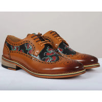 Ross - Zapatos brogue de cuero marrón con estampado floral y calavera para hombre