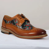 Ross - Zapatos brogue de cuero marrón con estampado floral y calavera para hombre