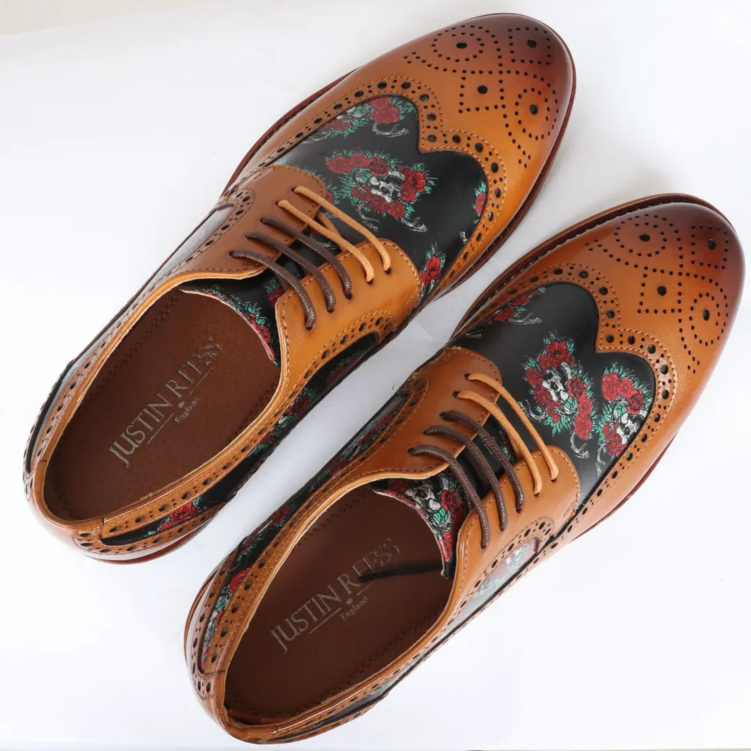 Ross - Zapatos brogue de cuero marrón con estampado floral y calavera para hombre