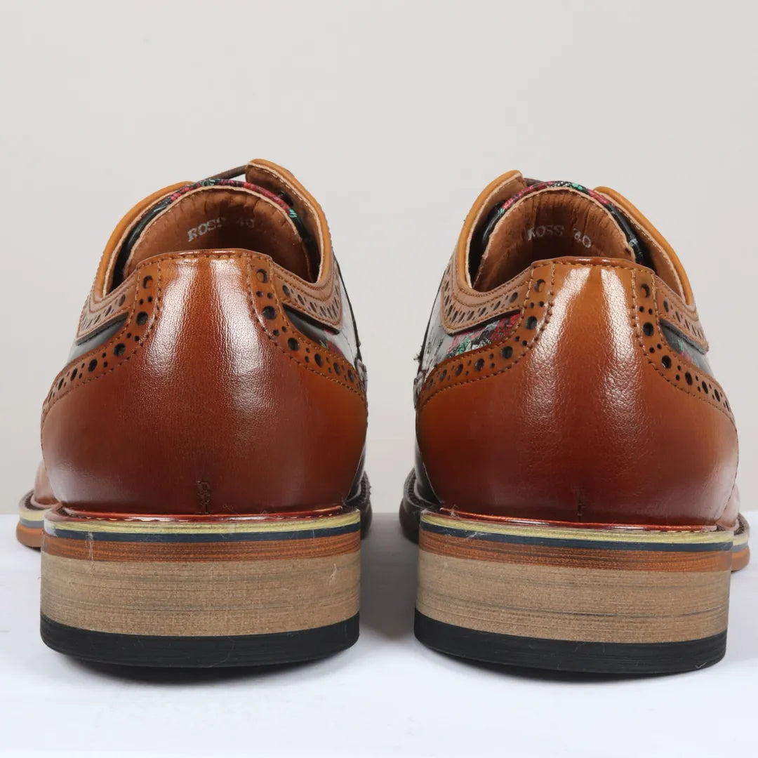 Ross - Zapatos brogue de cuero marrón con estampado floral y calavera para hombre