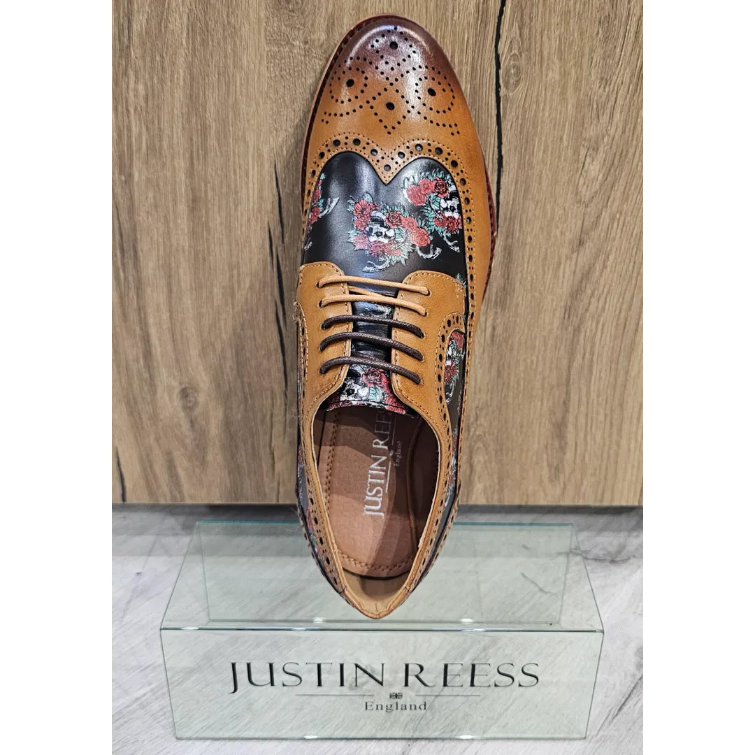 Ross - Zapatos brogue de cuero marrón con estampado floral y calavera para hombre