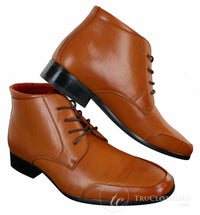 Botines Chelsea Rossellini Aldo para hombre con cordones, de piel, color marrón claro y negro, estilo casual elegante.