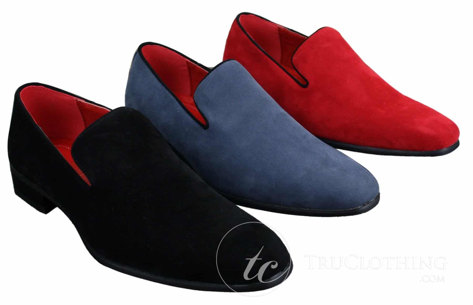 Zapatos mocasines de ante para hombre, estilo casual elegante, color rojo, azul y negro.