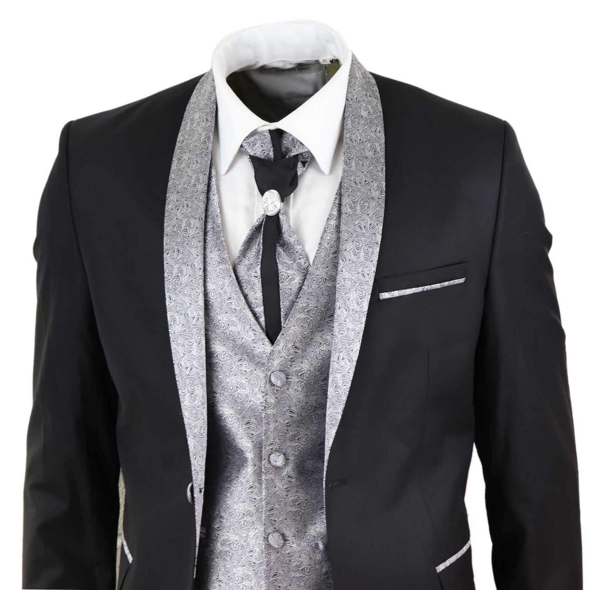 Traje de hombre de 4 piezas con solapa tipo chal - Negro/Plata