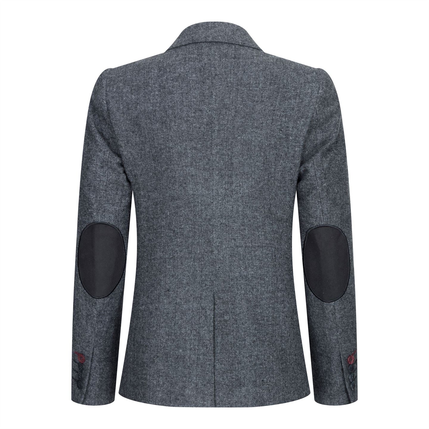 Traje de chaqueta para mujer de lana tweed con coderas, estilo vintage clásico de los años 20, color gris.