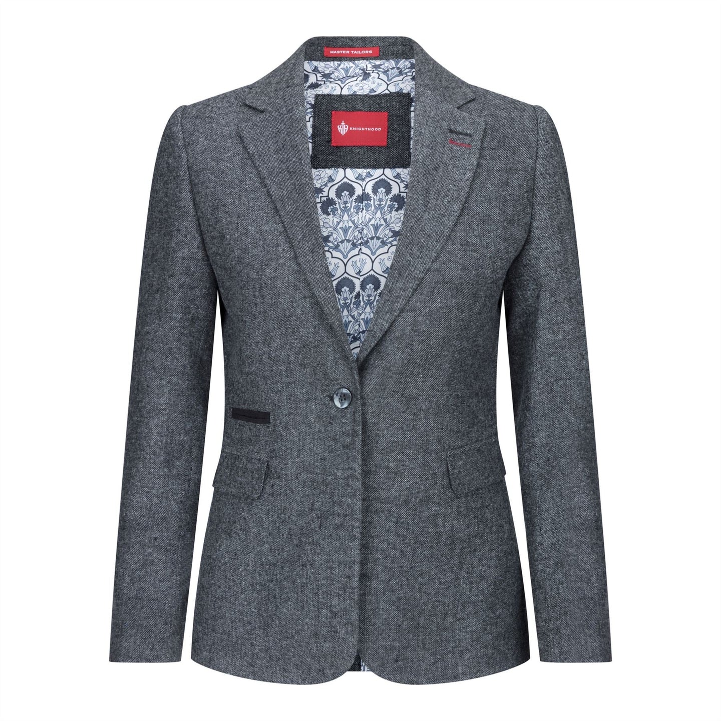 Traje de chaqueta para mujer de lana tweed con coderas, estilo vintage clásico de los años 20, color gris.