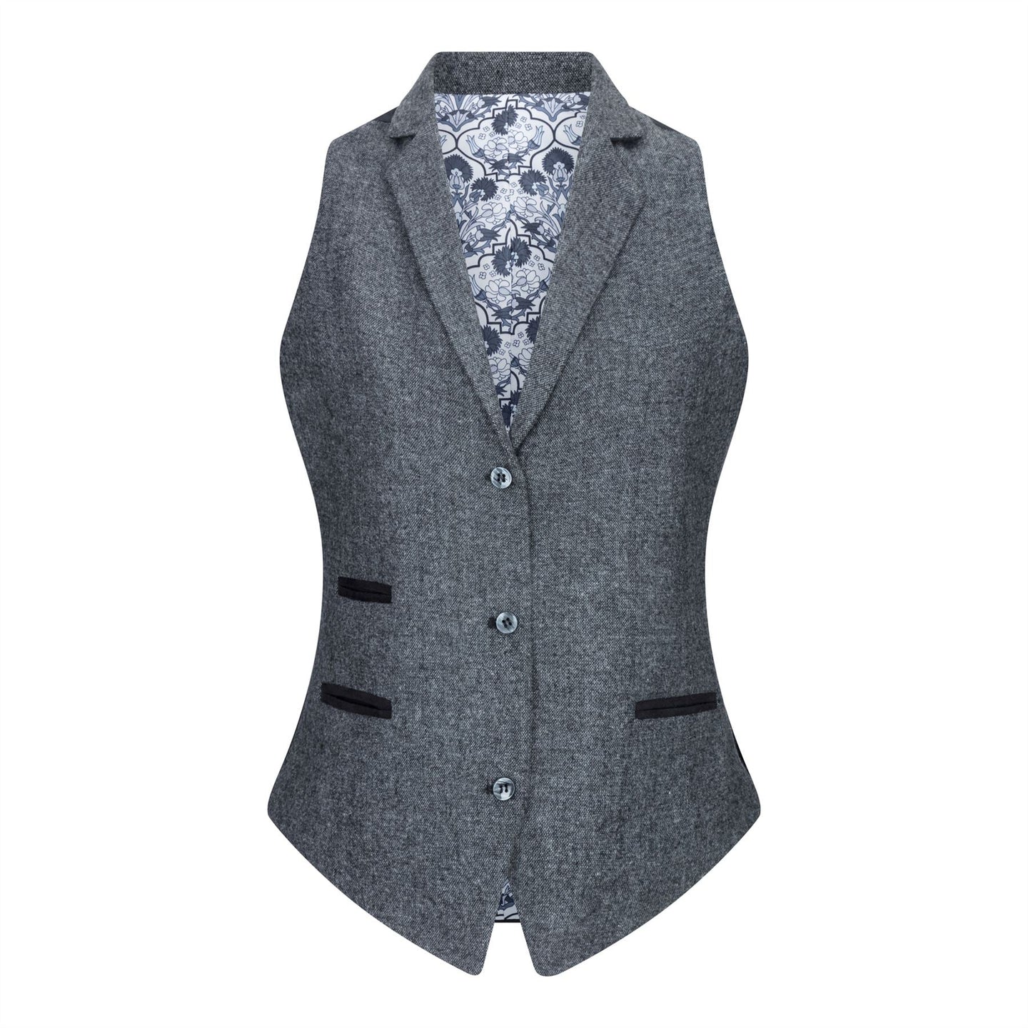 Chaleco de mujer de tweed de lana con coderas, estilo vintage clásico de los años 20, color gris.