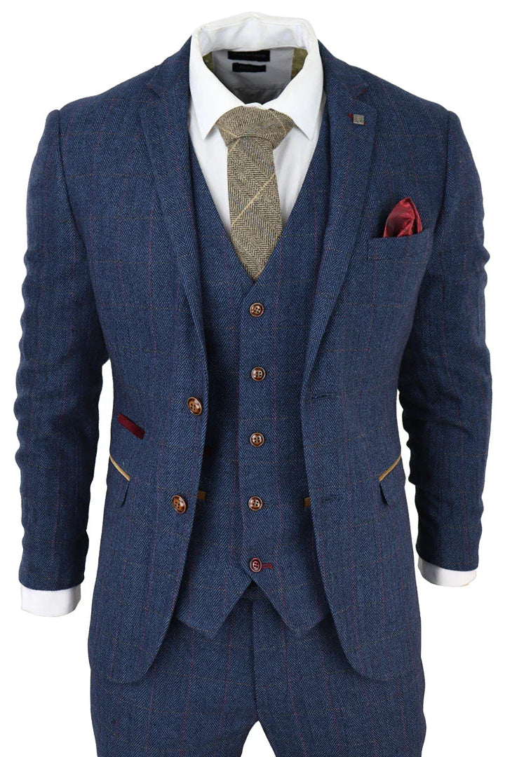 Traje de tres piezas de tweed a cuadros azul para hombre de Scott