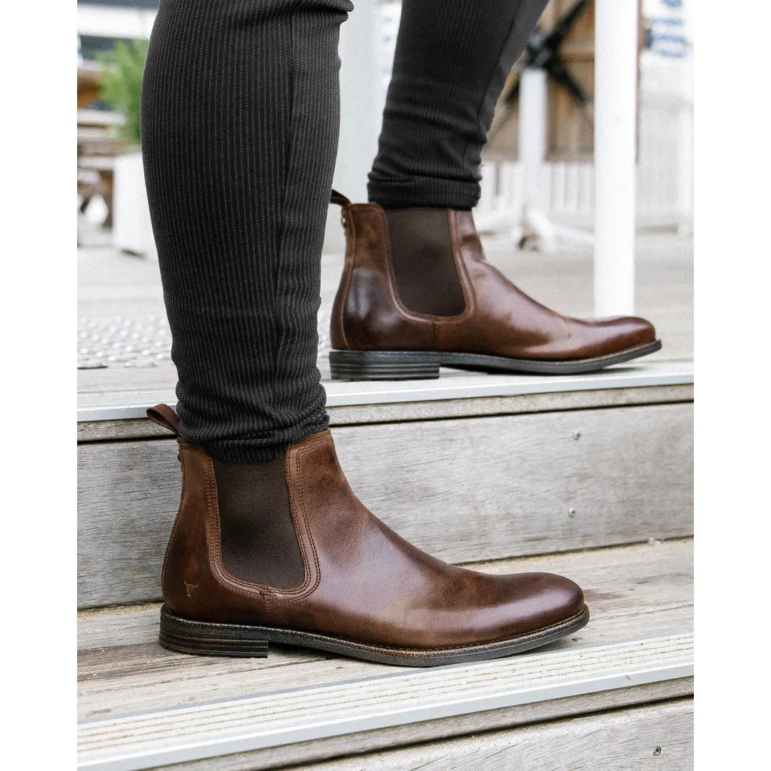 Sergio - Botas Chelsea de cuero marrón sin cordones para hombre