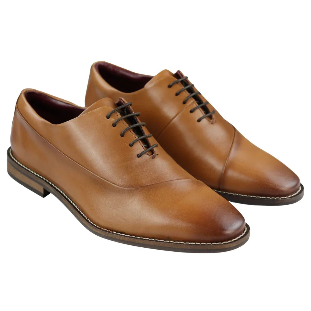 Zapatos Derby de cuero auténtico con cordones para hombre, elegantes, formales, clásicos, color marrón claro.