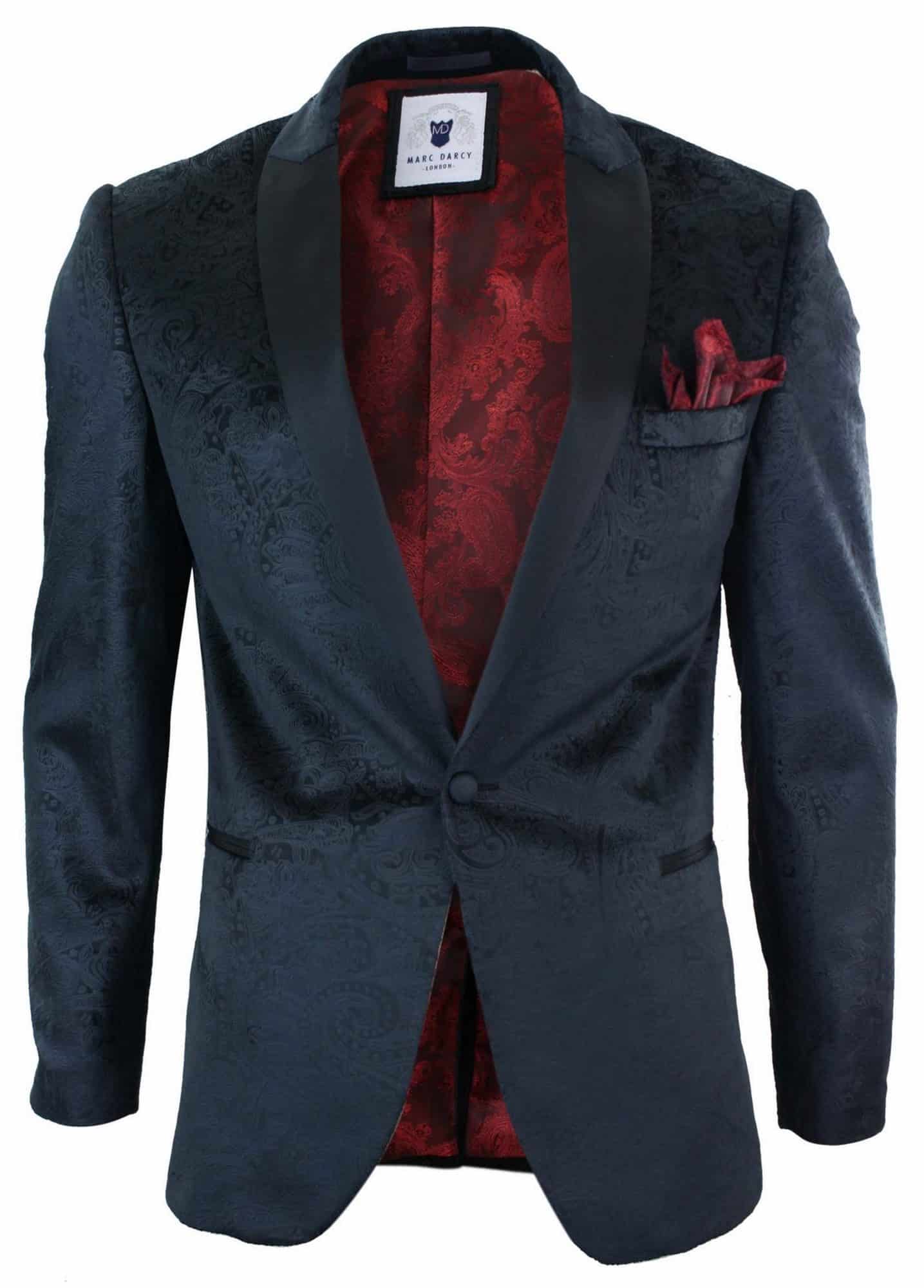 Chaqueta tipo blazer de terciopelo negro con estampado paisley para hombre de Marc Darcy Simon, estilo elegante e informal.