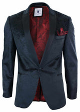 Chaqueta tipo blazer de terciopelo negro con estampado paisley para hombre de Marc Darcy Simon, estilo elegante e informal.