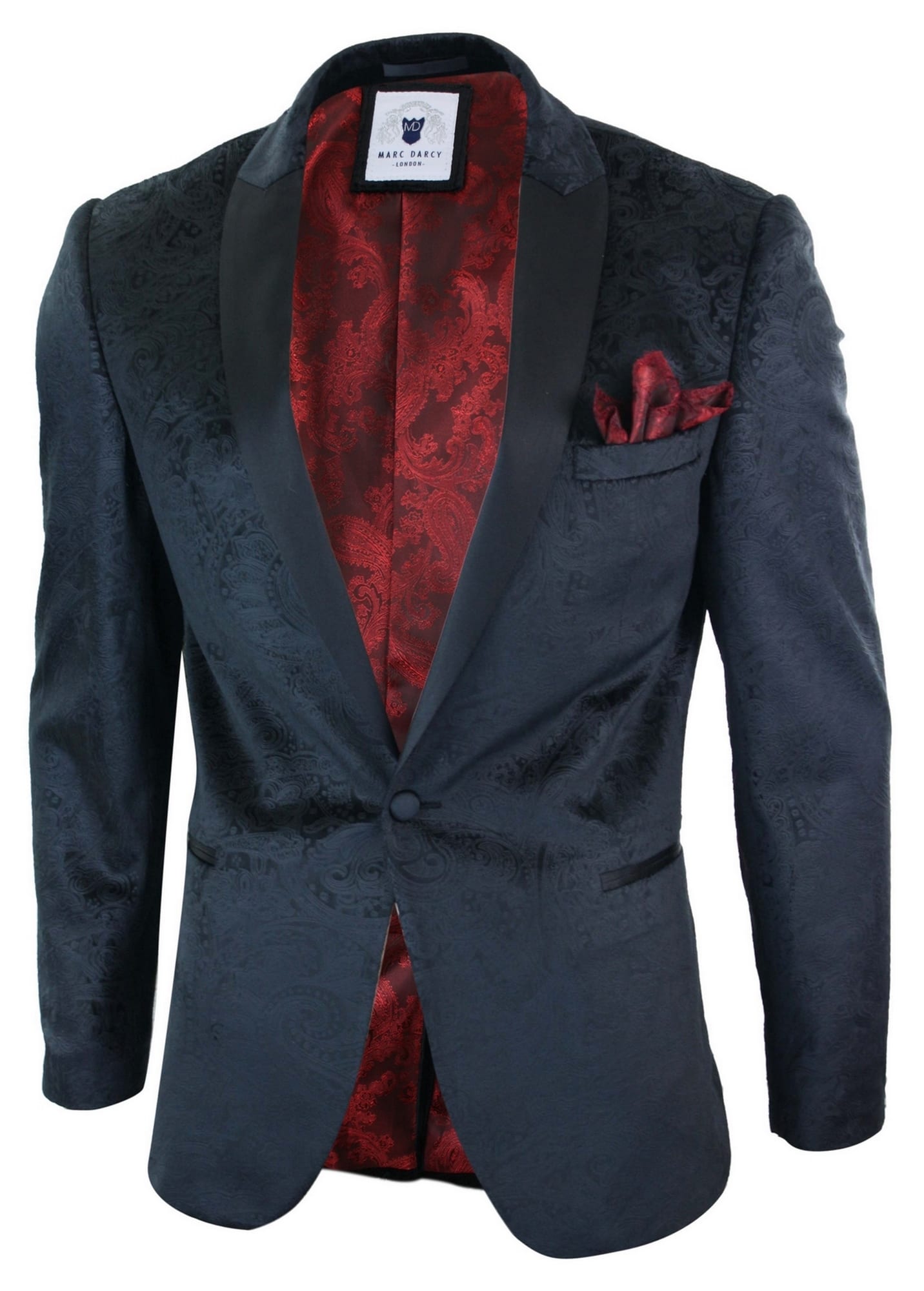 Chaqueta tipo blazer de terciopelo negro con estampado paisley para hombre de Marc Darcy Simon, estilo elegante e informal.