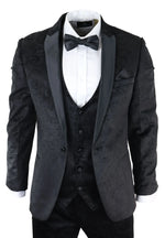 Traje de tres piezas para hombre Marc Darcy de terciopelo con estampado paisley en negro, chaqueta de esmoquin para cena o boda.