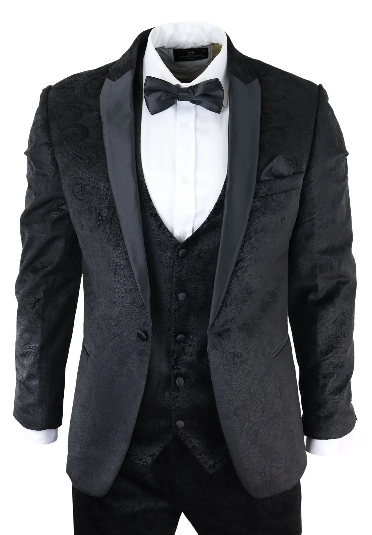 Traje de tres piezas para hombre Marc Darcy de terciopelo con estampado paisley en negro, chaqueta de esmoquin para cena o boda.