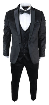 Traje de tres piezas para hombre Marc Darcy de terciopelo con estampado paisley en negro, chaqueta de esmoquin para cena o boda.
